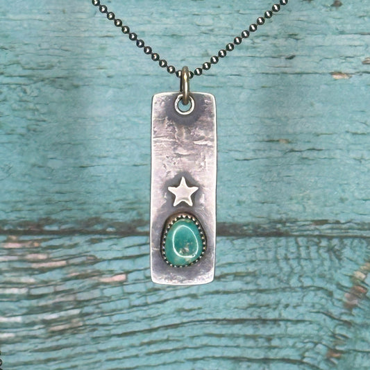 Star Tag Pendant with Natual Teal Turquoise on 24" Bead Ball Chain