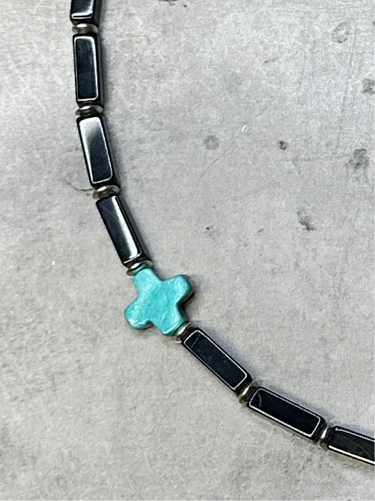 Unisex Onyx Beaded Necklace with Turquoise Cross Accent