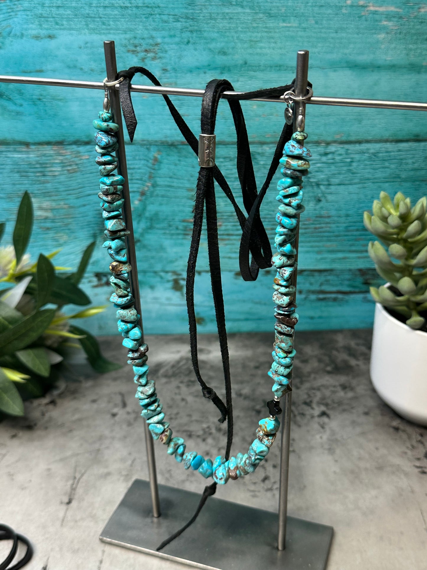 Adjustable Deerskin Super Chunky Turquoise Necklace with Onyx Cross Accent