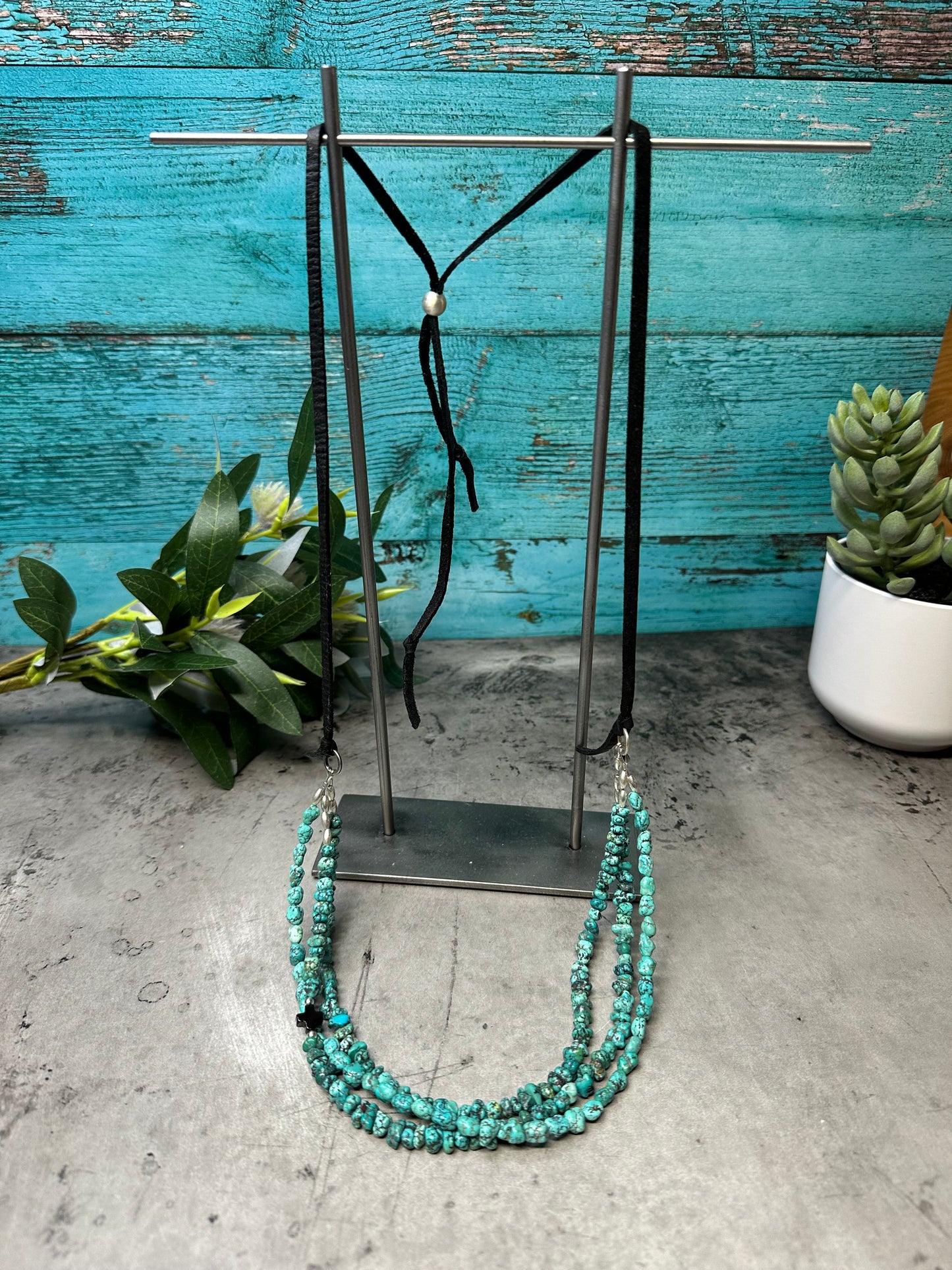 Adjustable Deerskin and Turquoise Multi Strand Necklace with Onyx Cross Accent