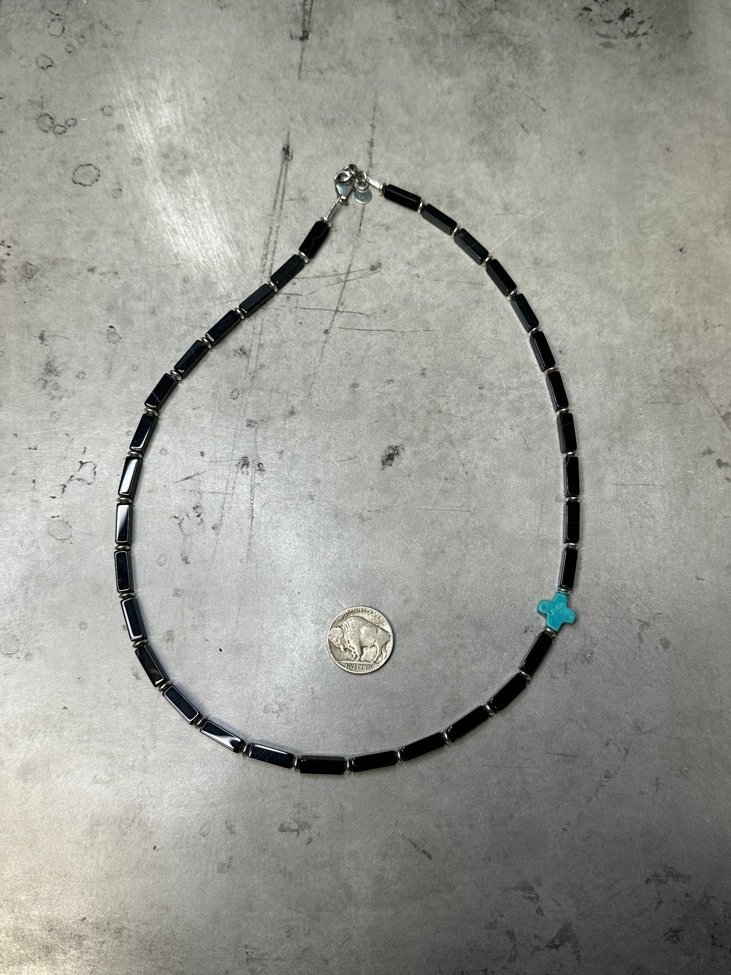 Unisex Onyx Beaded Necklace with Turquoise Cross Accent