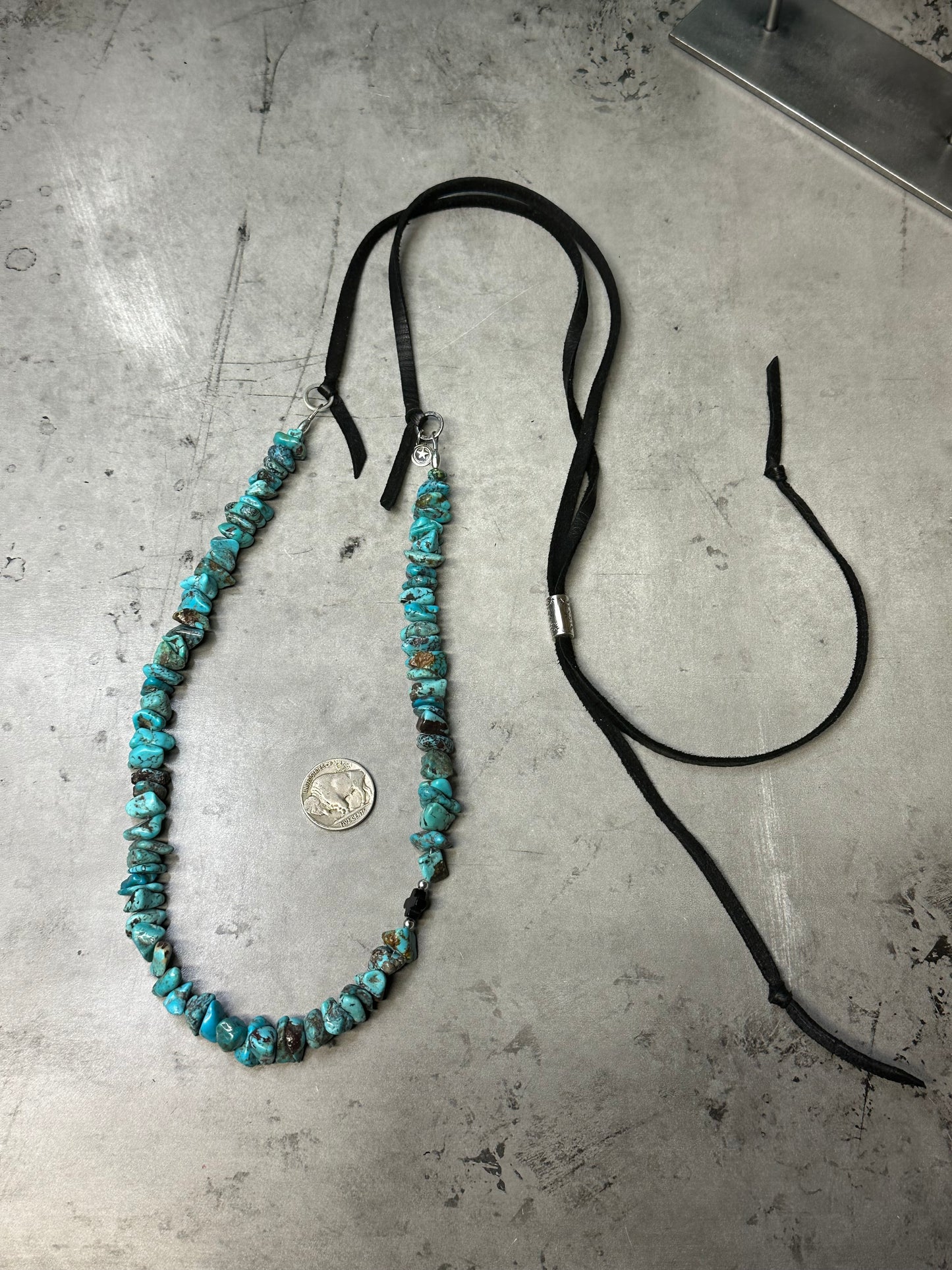 Adjustable Deerskin Super Chunky Turquoise Necklace with Onyx Cross Accent