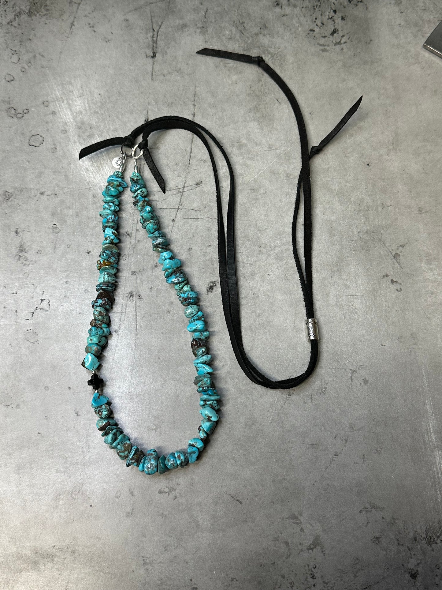 Adjustable Deerskin Super Chunky Turquoise Necklace with Onyx Cross Accent