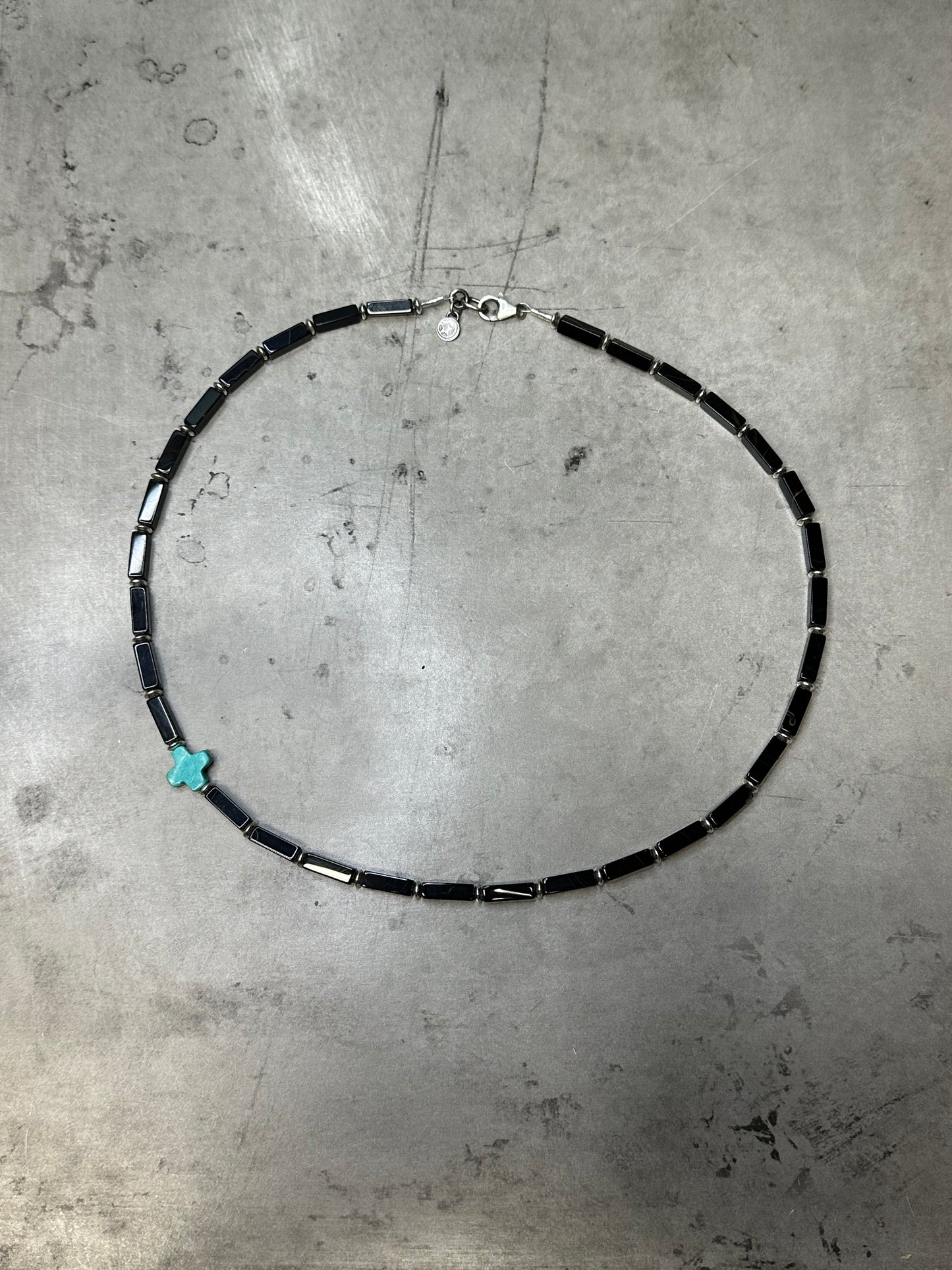 Unisex Onyx Beaded Necklace with Turquoise Cross Accent