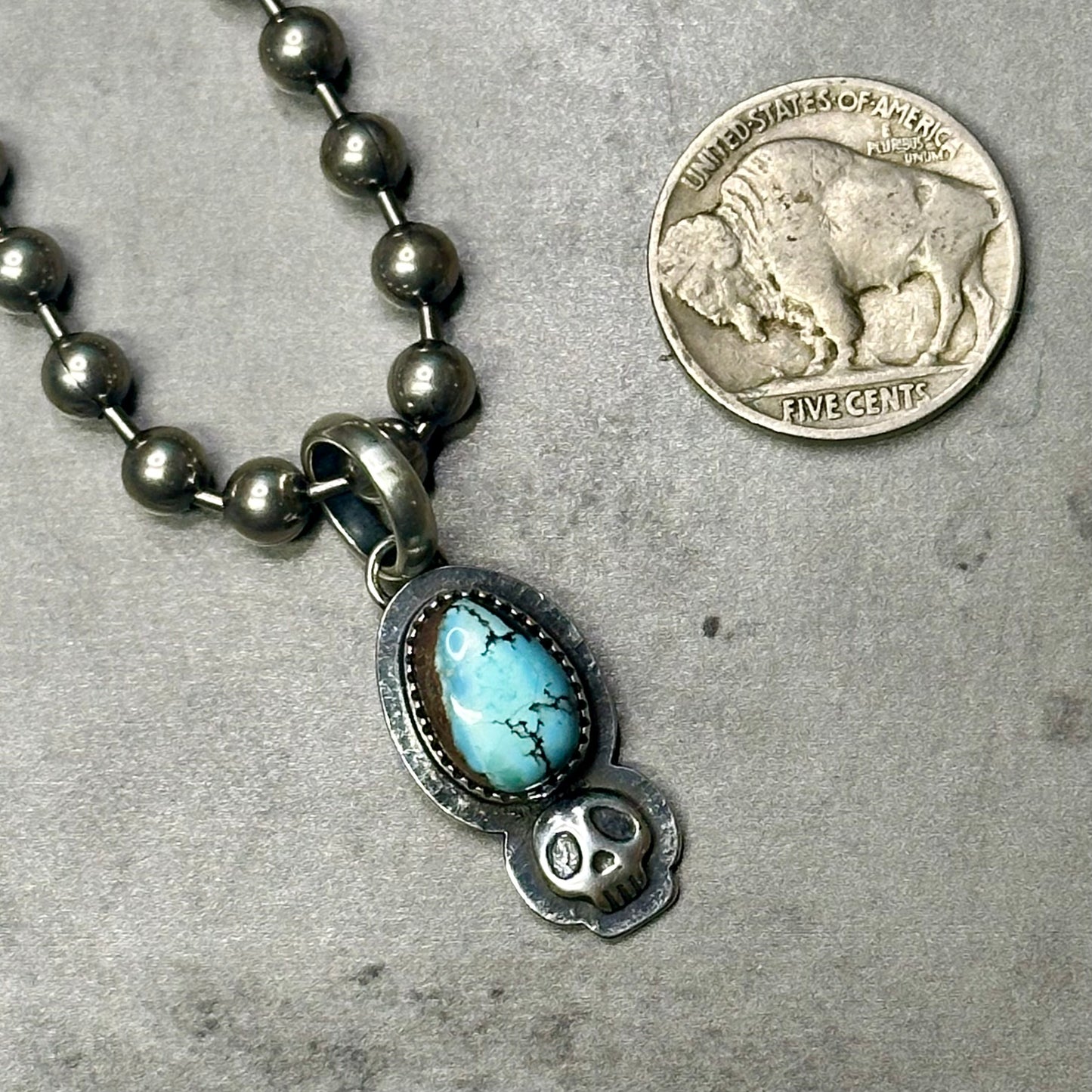 Turquoise Skull Pendant on Chunky Bead Ball Chain