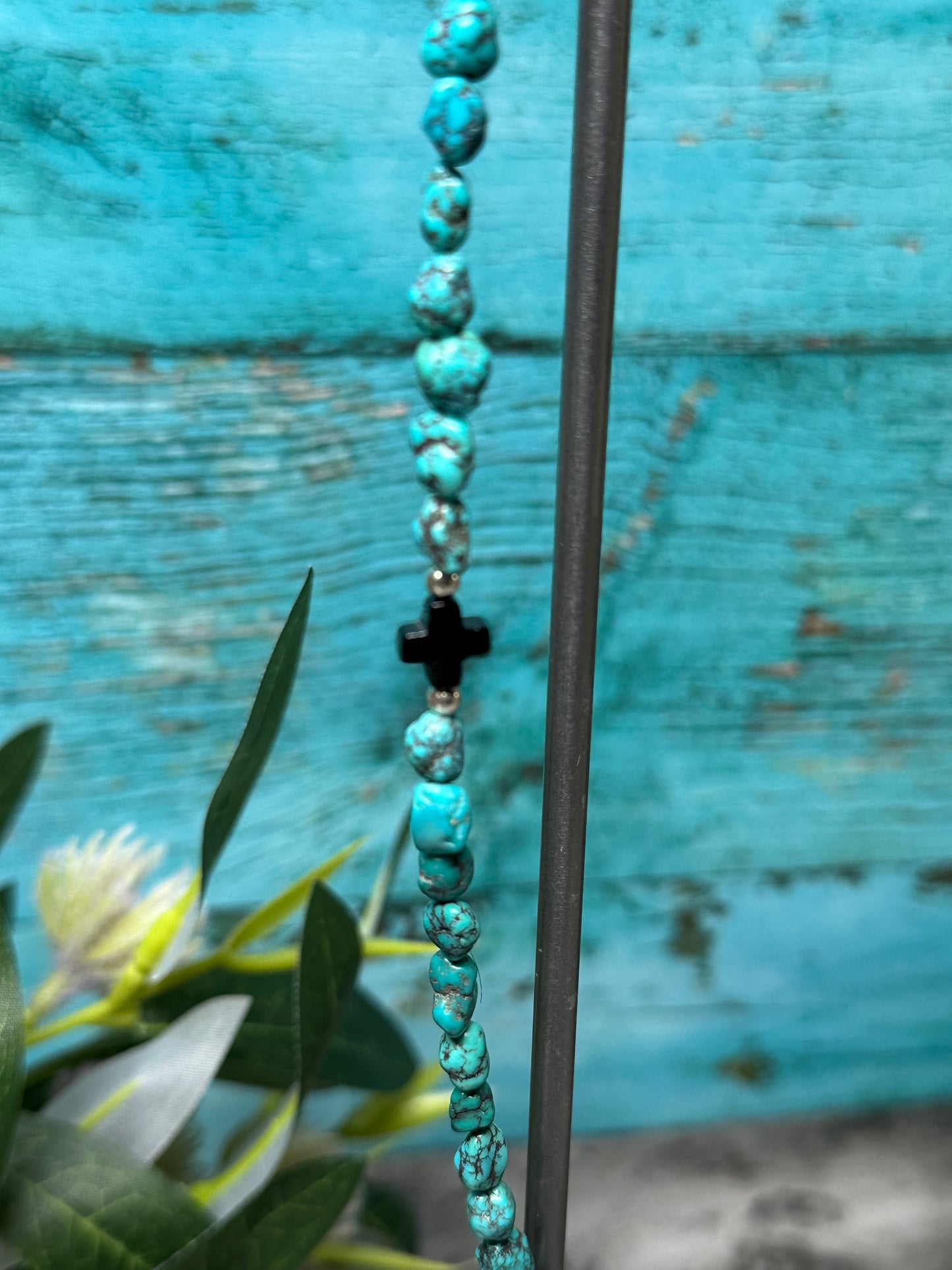 Unisex Turquoise Nugget Beaded Necklace with Onyx Cross Accent