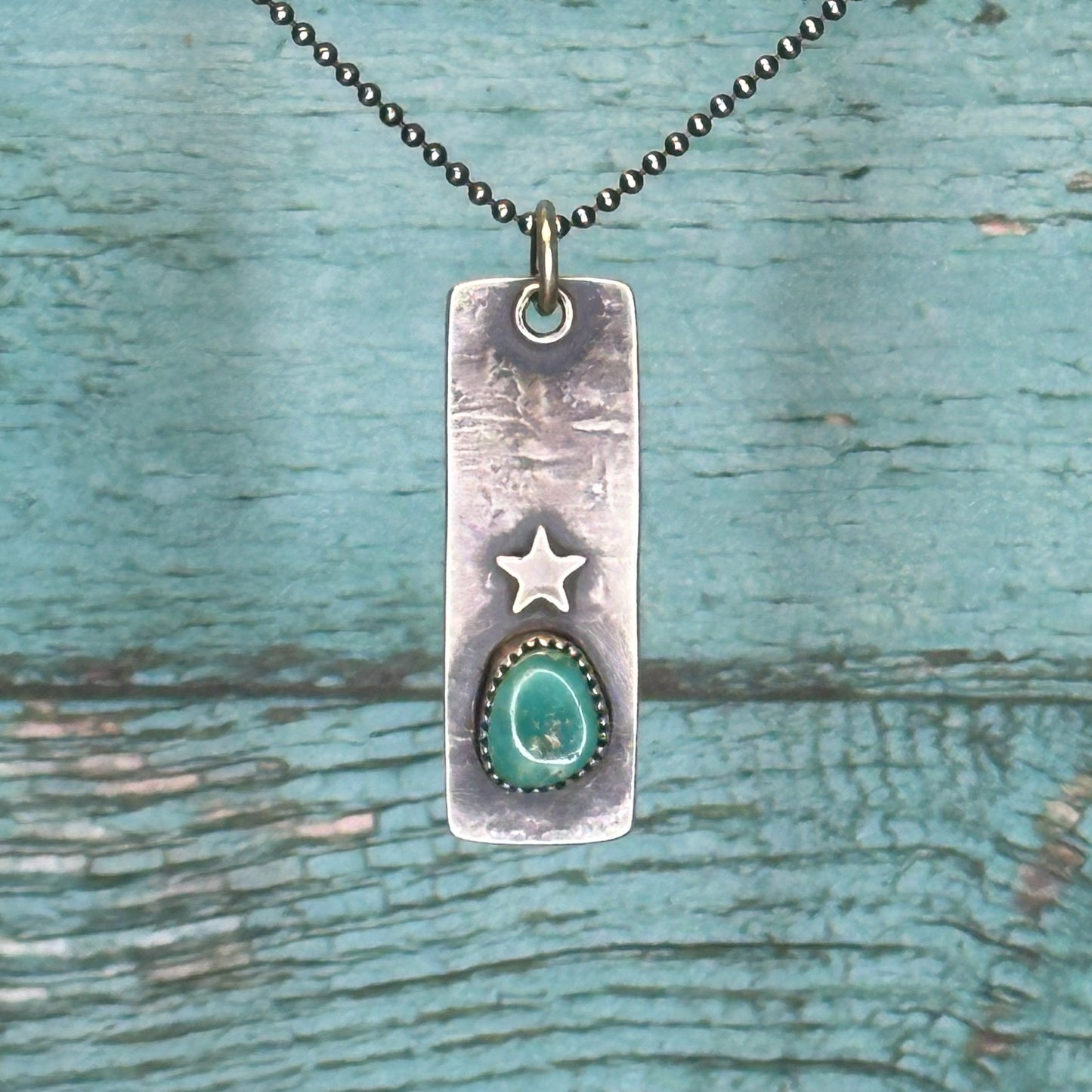 Star Tag Pendant with Natual Teal Turquoise on 24" Bead Ball Chain